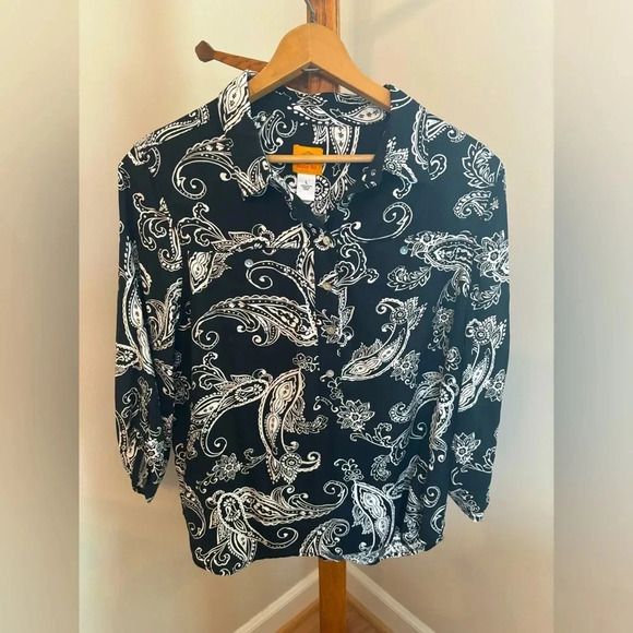 Ruby Rd Large Black and White Paisley Button Down 3/4 Sleeve Top - Picture 1 of 5
